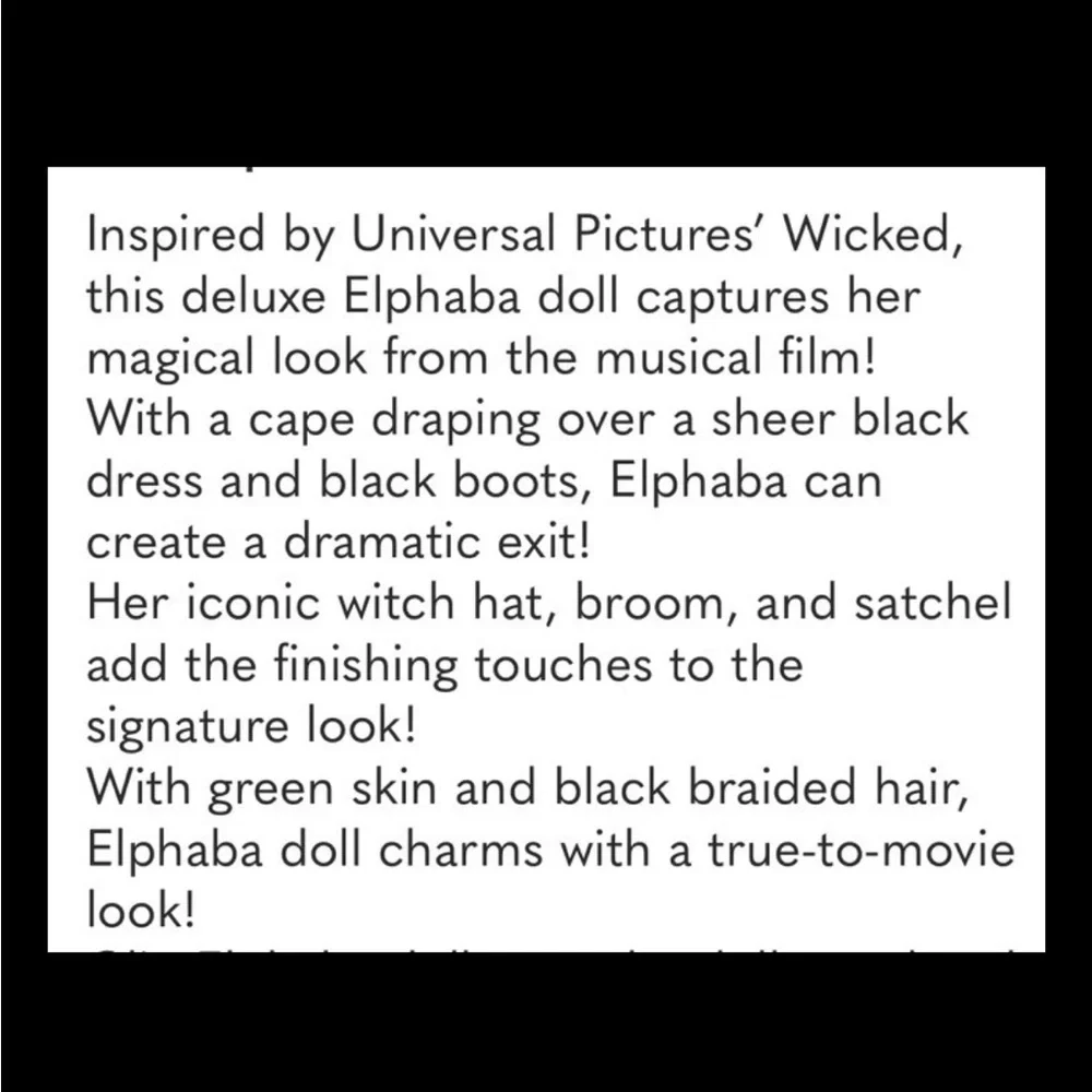 Mattel Wicked Elphaba Doll with Broom, Hat, Boots & Grimmerie/Black Outfit - NIP